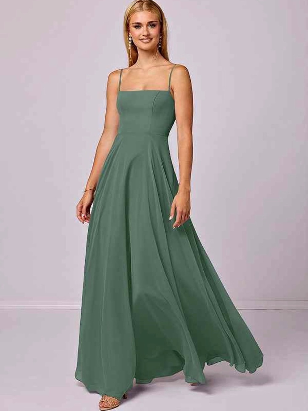 Azazie Olive Green Spaghetti Strap Maxi Gown